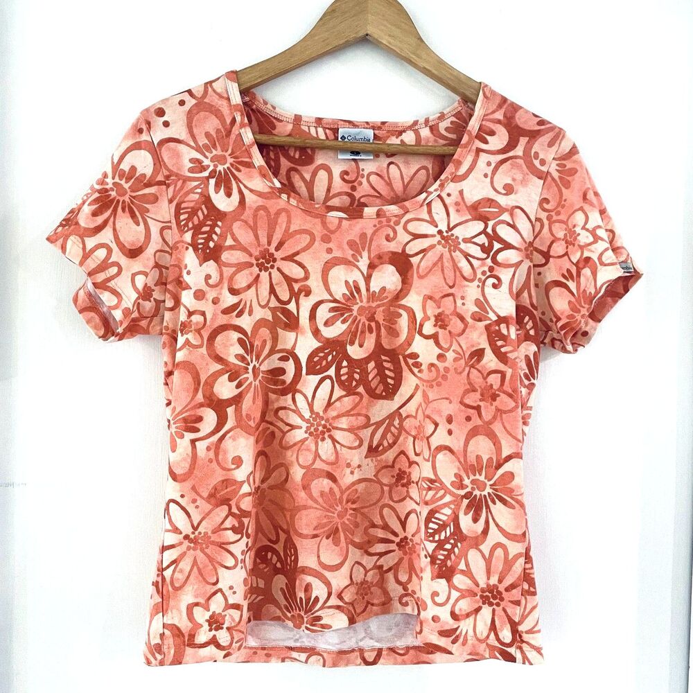 Vintage Columbia Women's Short Sleeve Floral Print Orange Tee T-Shirt Large